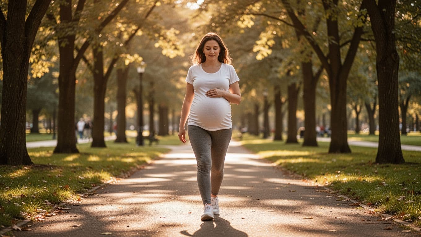 A woman in her third trimester strolls down a sun-drenched pathway in a verdant park. Warm golden light filters through the lush trees, illuminating her gentle silhouette during this peaceful afternoon.