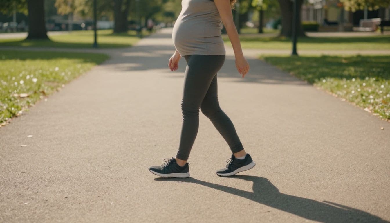 A pregnant woman in athletic clothing strolls along a smooth paved path in a quiet public park. Golden sunlight illuminates the lush greenery around her, creating soft shadows during her exercise.