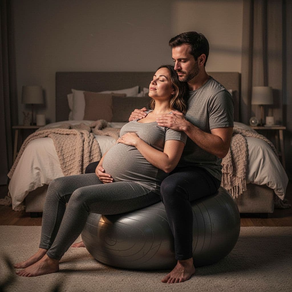 Pregnant woman on yoga ball leans back into partner holding her shoulders in dim bedroom; both calm.
