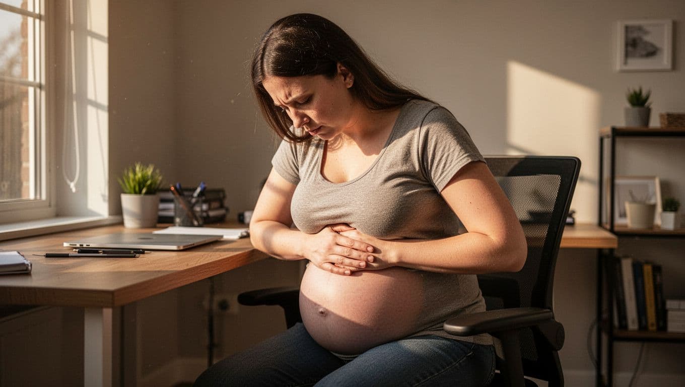 Pregnant woman slouches forward at home office desk, hand rubbing side near ribs.