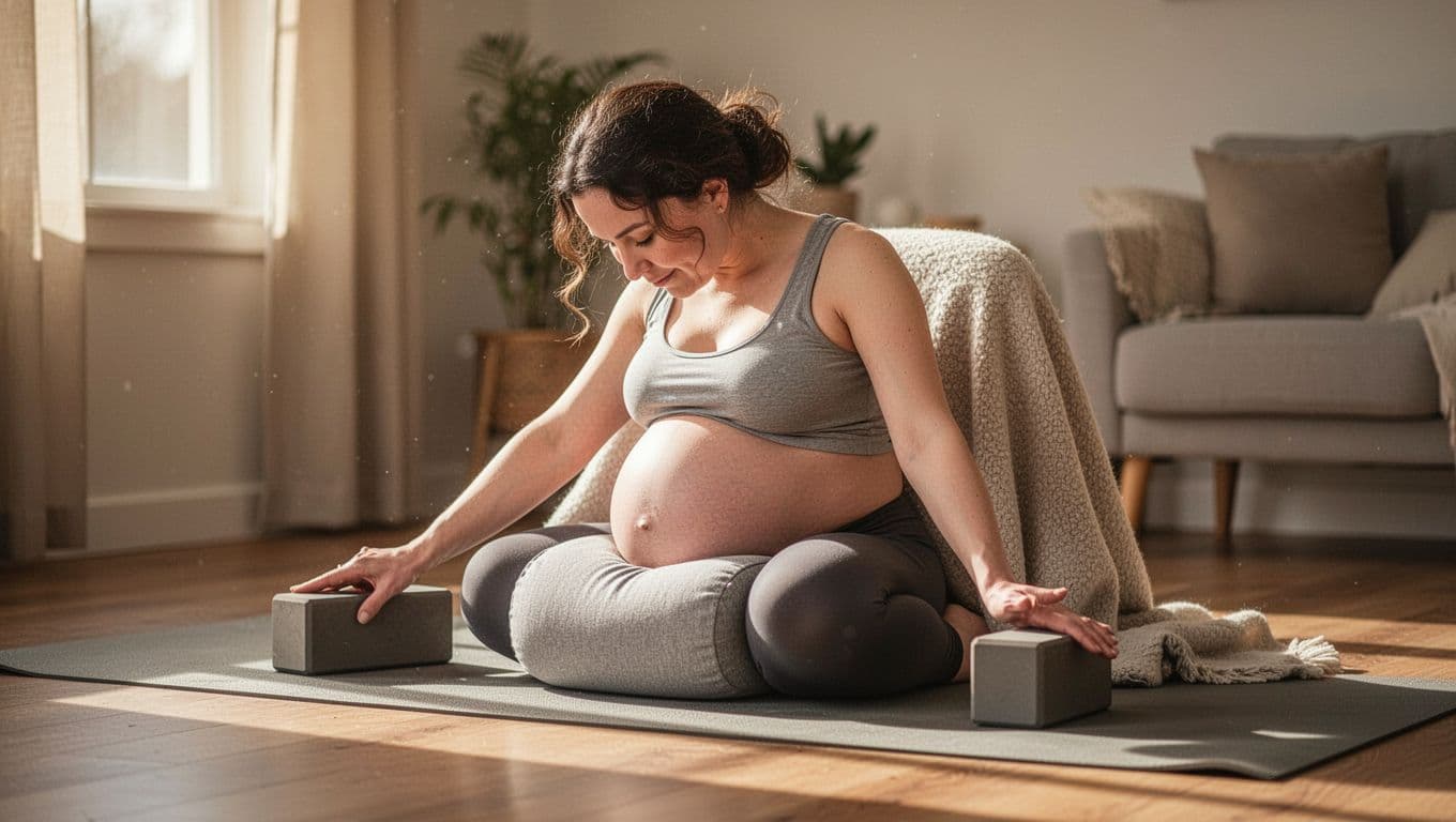 Pregnant woman in seated forward fold using bolster under belly, blocks under hands, and blanket on home yoga mat.