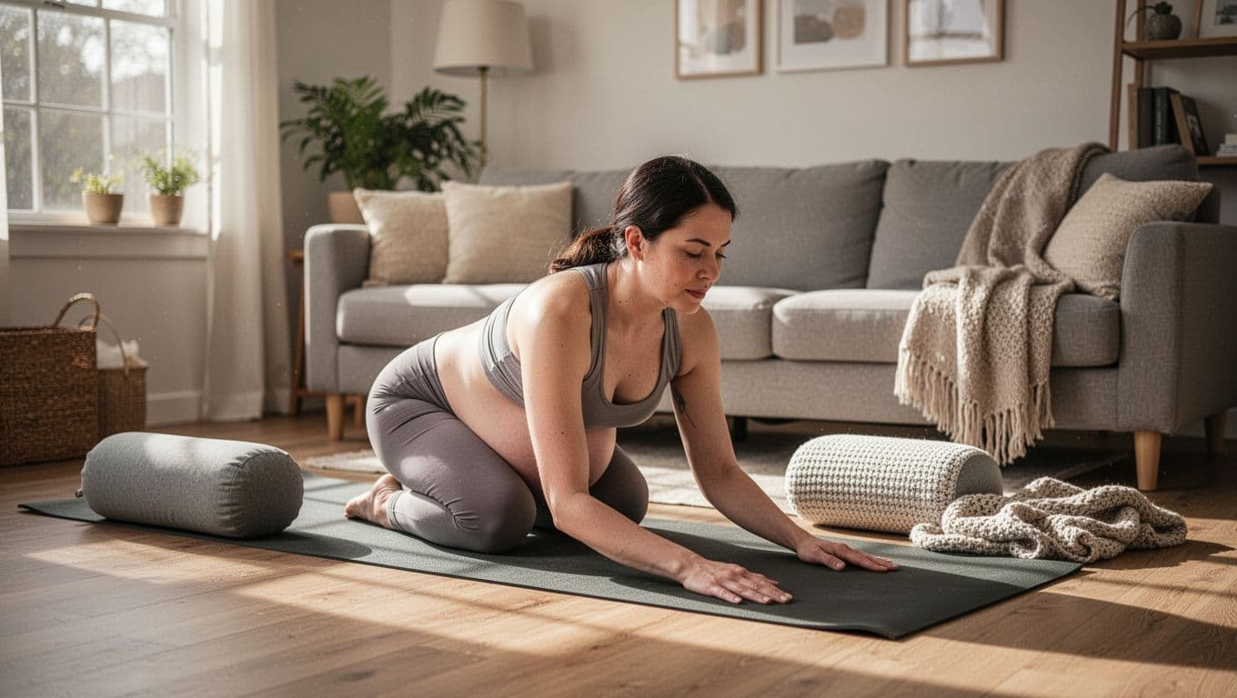 Pregnant woman on yoga mat in cozy living room transitions from Cat-Cow to Child's Pose, props nearby.