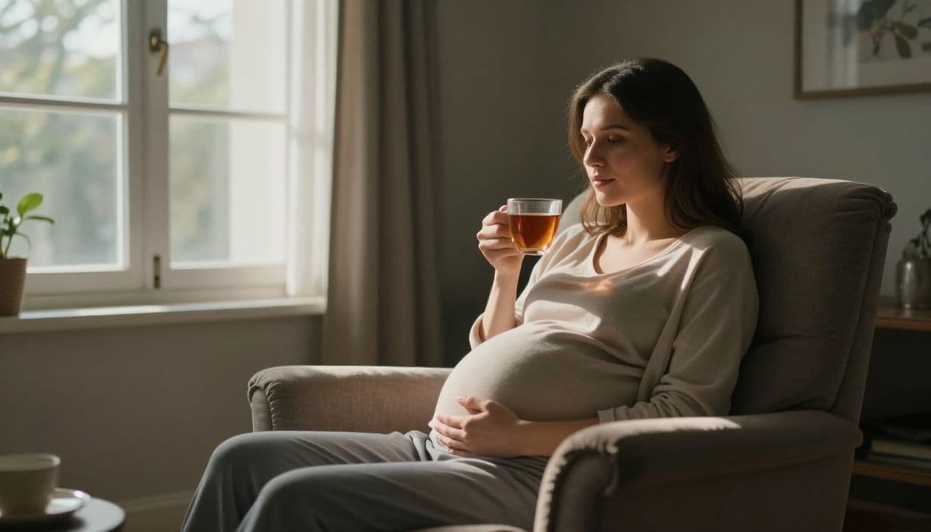 A pregnant woman sits comfortably in a plush armchair positioned near a bright window. She holds a warm ceramic tea cup, enjoying a serene moment of solitude in the sunlit room.