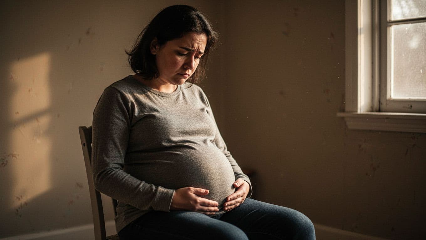 A woman sits in a softly lit, dim room, her hand resting gently on her belly. Deep shadows contrast with warm light as she gazes away with a contemplative, slightly overwhelmed expression.