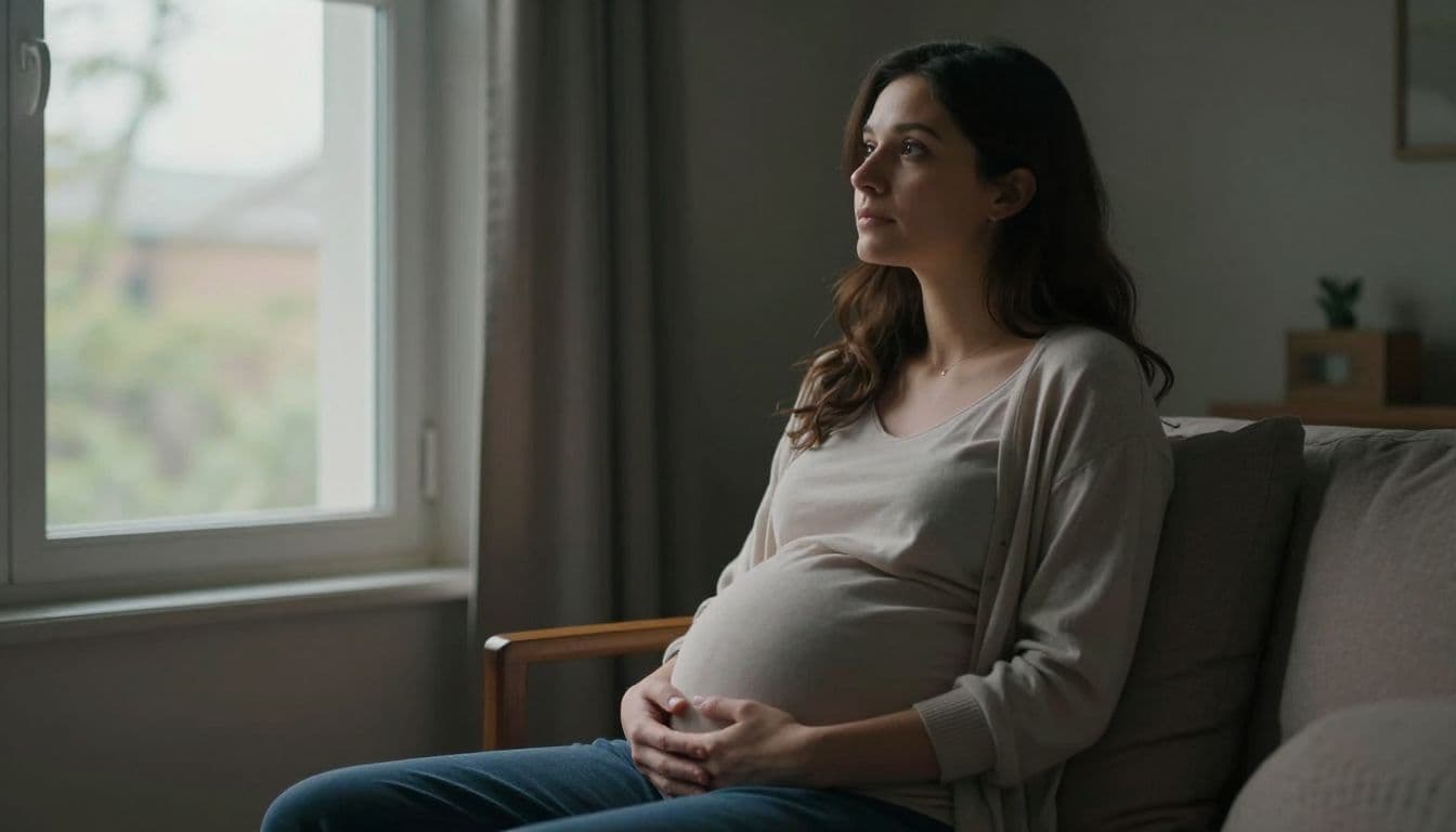 A pregnant woman sits peacefully near a sunlit window while resting her hands on her belly. The room features soft shadows and muted tones, highlighting her gentle, introspective expression and focus.