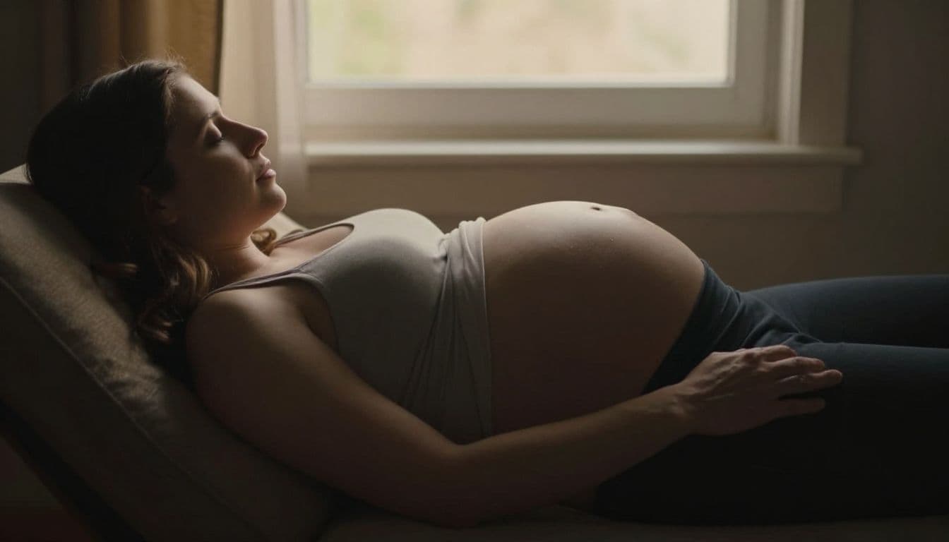A pregnant woman relaxes in a plush chair by a sunny window during the late third trimester. Golden sunlight illuminates her belly, emphasizing the quiet anticipation of her approaching due date.