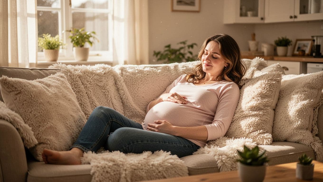 A pregnant woman sits comfortably on a plush, cream-colored couch within a brightly lit living area. The cinematic lighting accentuates the peaceful atmosphere as she relaxes, cradling her baby bump carefully.