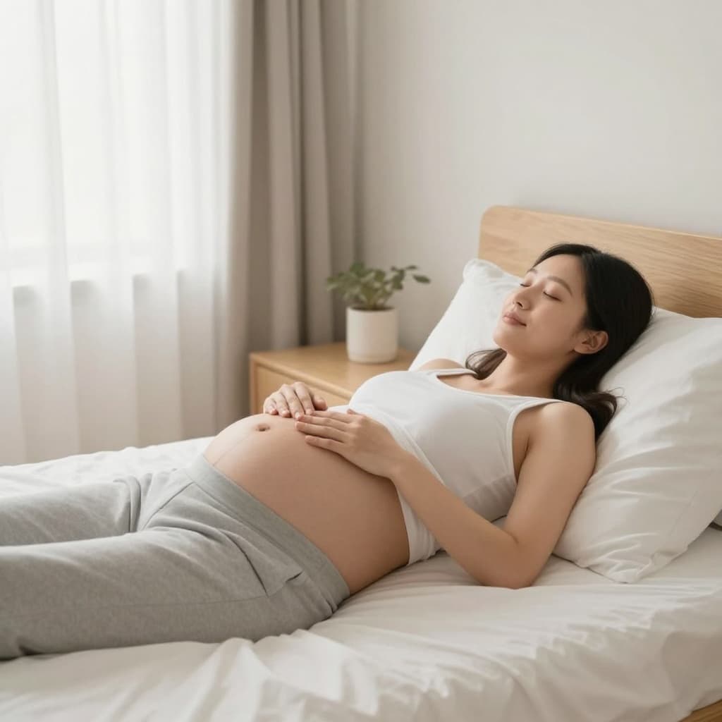 Pregnant woman lies relaxed on a bed in a clean cozy bedroom with bright natural light.
