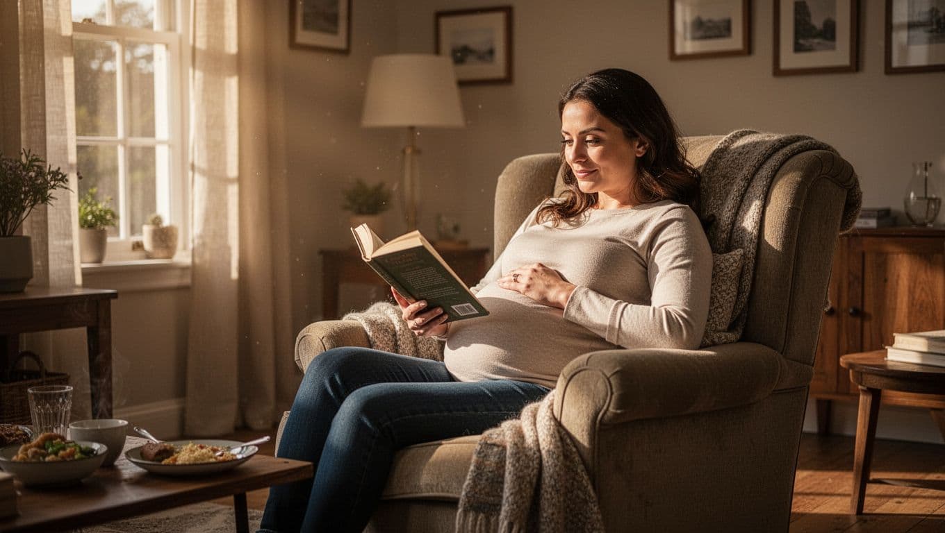 A pregnant woman sits upright in an overstuffed living room armchair while reading a book. Golden afternoon sunlight streams across the room, illuminating the cozy space after her recent meal.