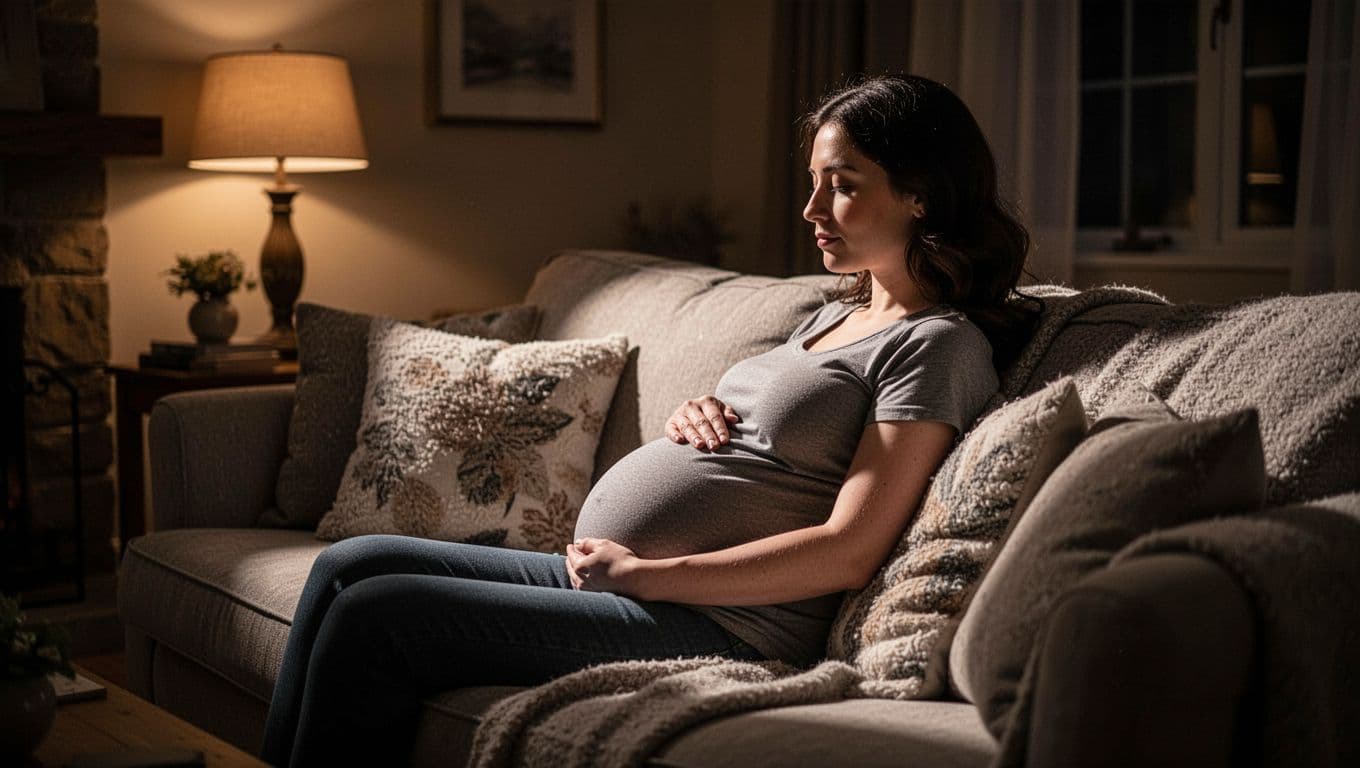 A pregnant woman reclines peacefully on a plush, soft couch within a dimly lit living room. Warm ambient light highlights her profile, emphasizing the quiet stillness of her third trimester rest.