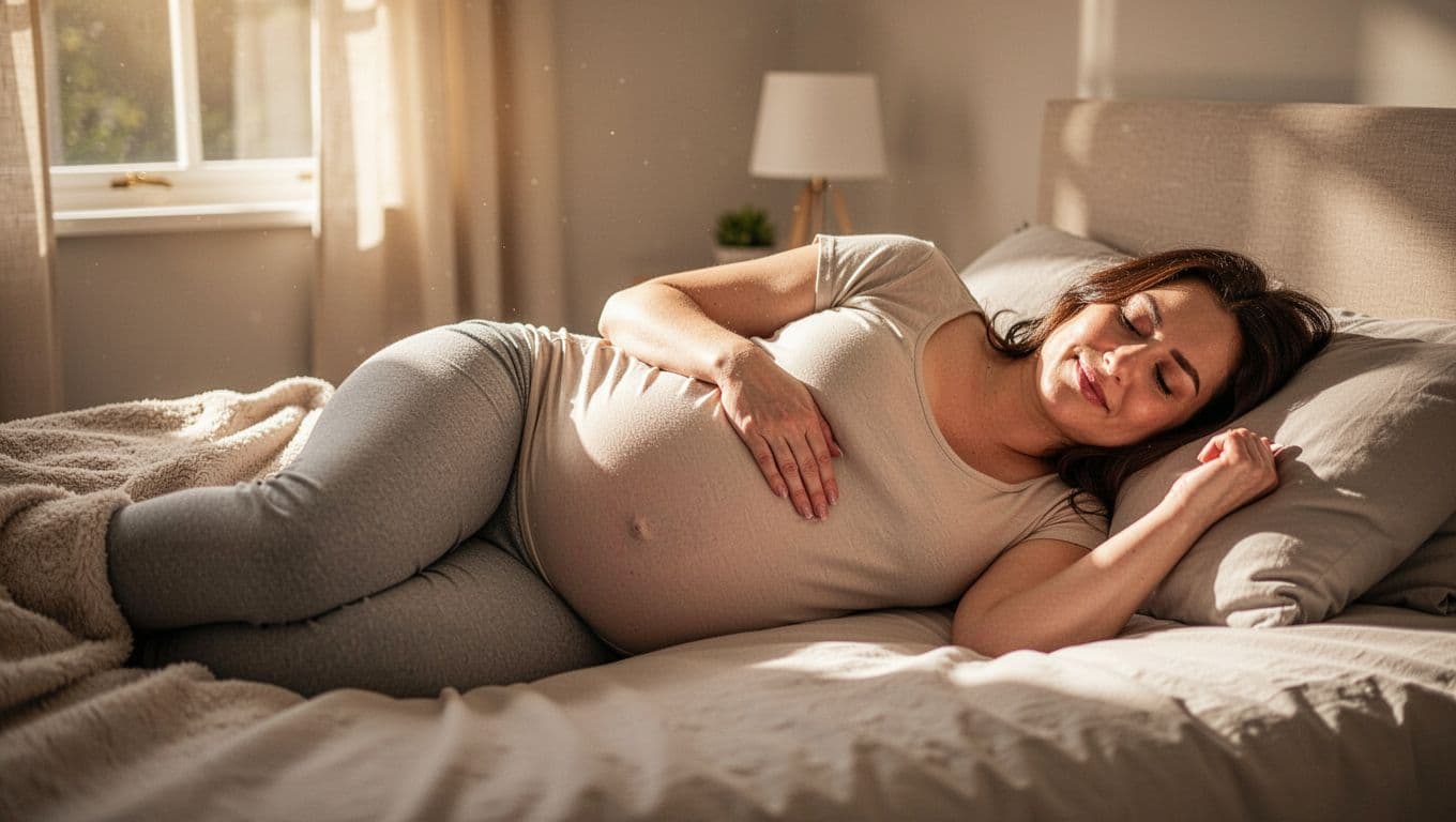 Pregnant woman lies on left side on soft bed in quiet bedroom, hand on belly, serene expression, warm window light.