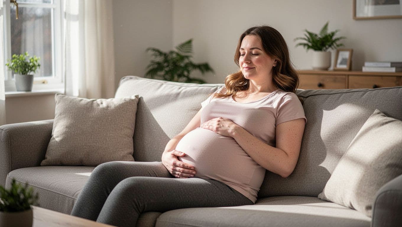 Third-trimester pregnant woman relaxes on home couch, hand resting under left ribs.