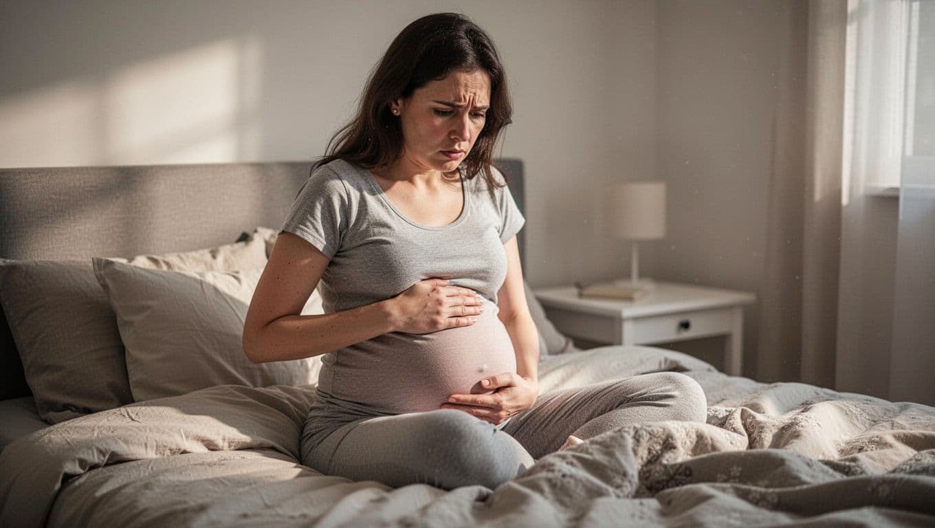 Pregnant woman in late pregnancy sits up in bed, hand pressing right side under ribs with concerned expression.