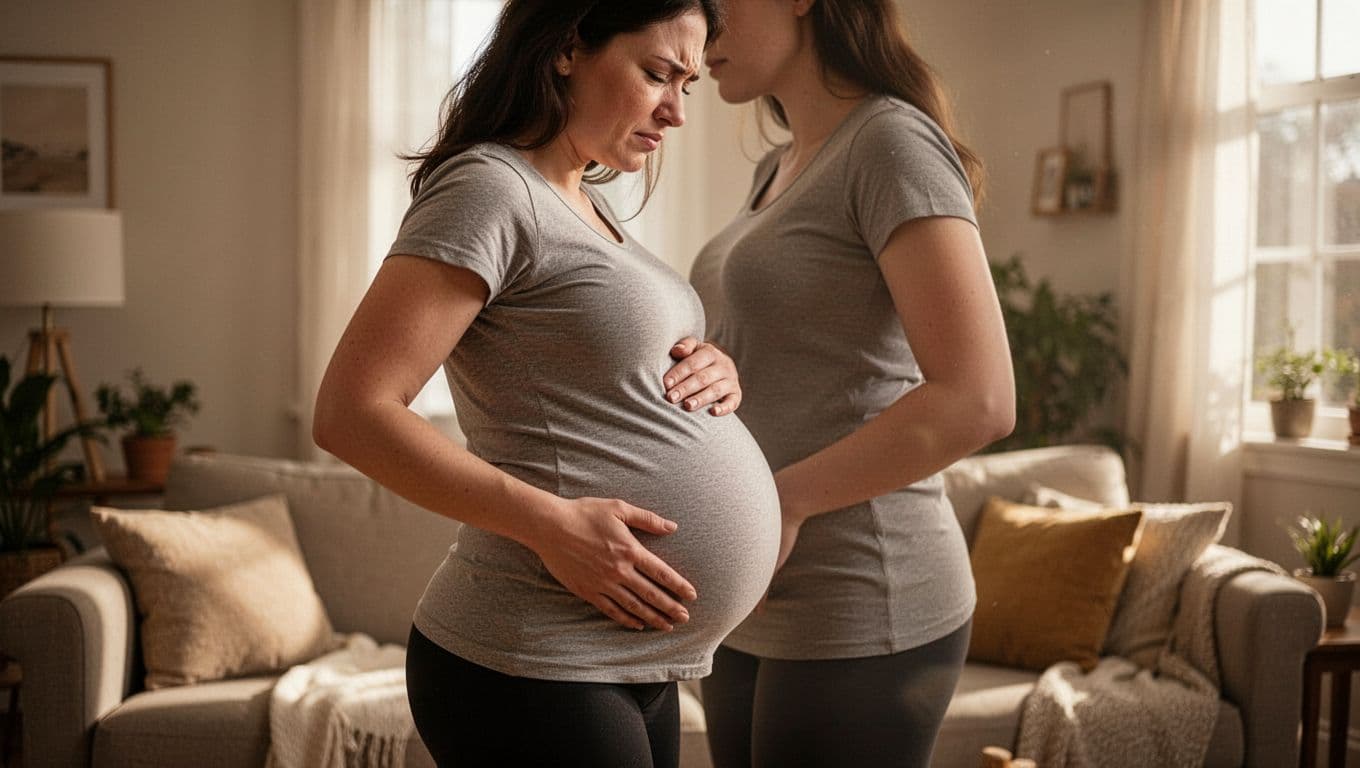 Side profile of heavily pregnant woman standing in living room, hand on side below ribs, slight wince from belly pressure.