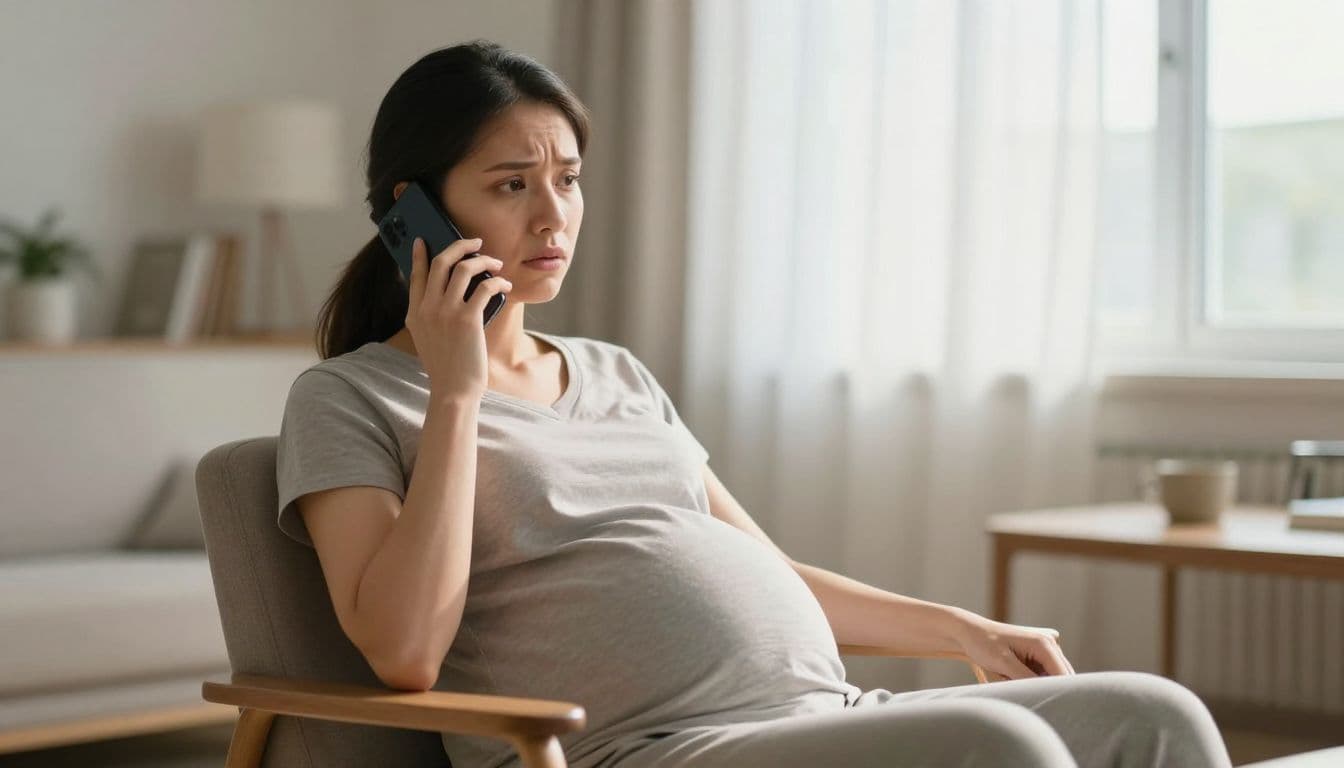 A pregnant woman sits in a plush armchair while holding a smartphone to her ear. Her expression is focused as she calls for medical assistance within a brightly sunlit living room.
