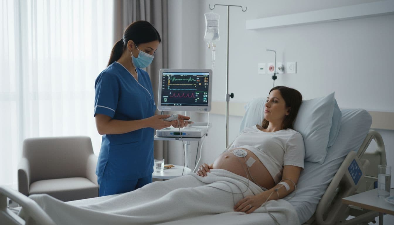 A pregnant woman rests comfortably in a hospital bed while receiving IV treatment for severe malaria. A nurse stands nearby, attentively checking the fetal monitor and blood sugar levels in a calm, softly lit clinical room.