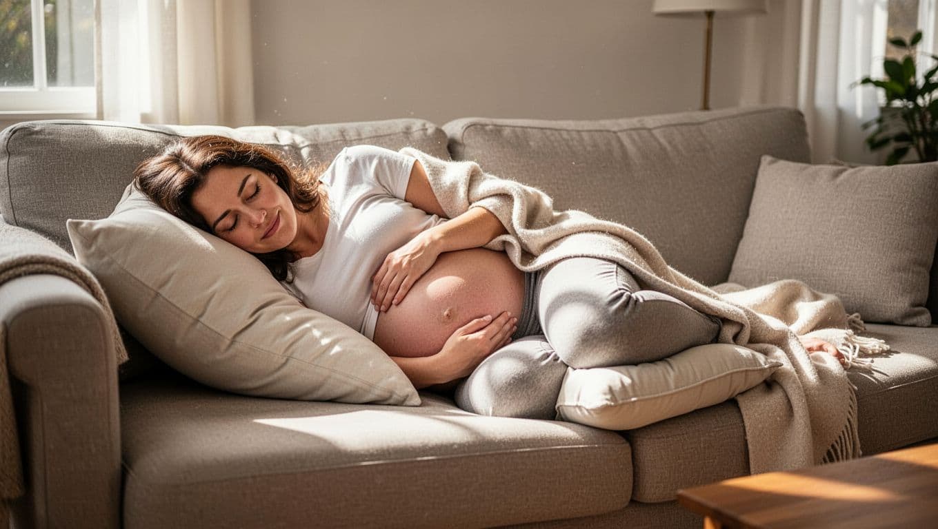 Second-trimester pregnant woman naps sideways on couch with pillows under belly and between knees in sunny living room.