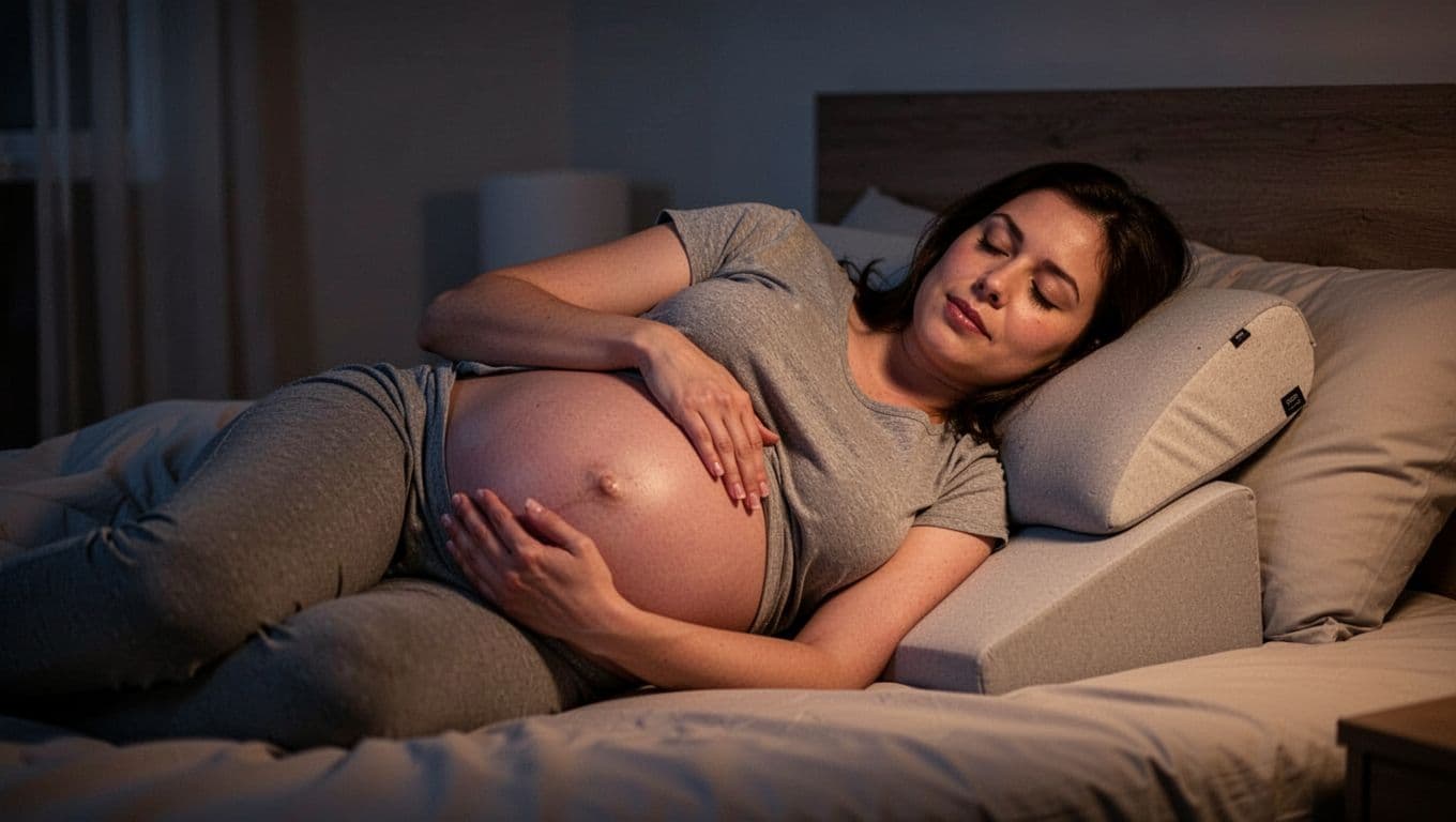 Pregnant woman lies on side in dim bedroom at night, upper body elevated by wedge pillow, hand on belly, calm face.