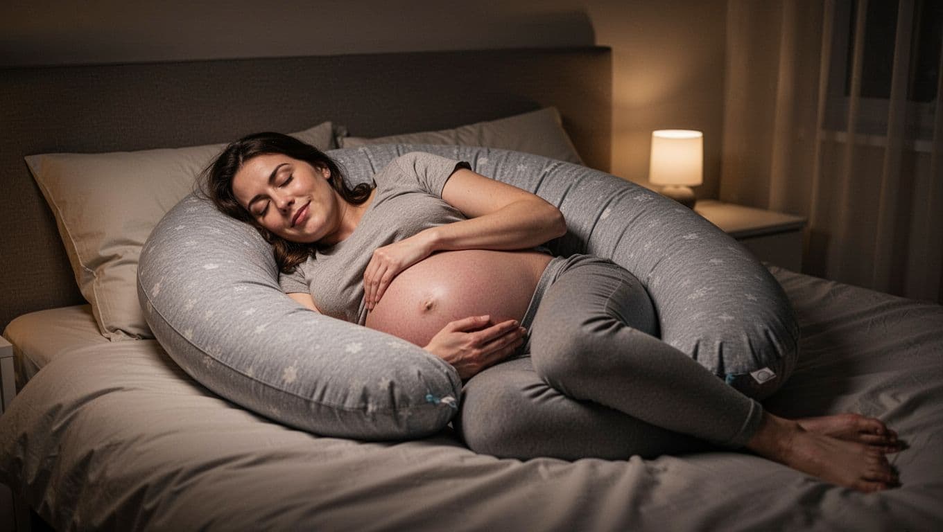 Pregnant woman in late pregnancy side sleeps in bed using U-shaped pillow supporting belly, knees, and back in dim cozy bedroom.