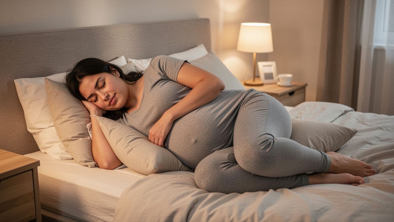 Pregnant woman sleeps on left side with pillow between bent knees in cozy bedroom.