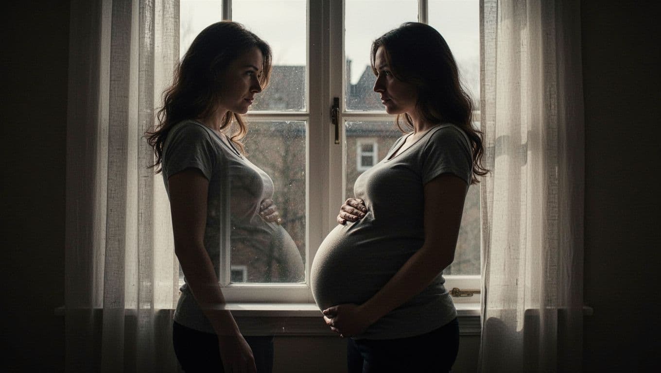 The elegant silhouette of a pregnant woman stands against a bright window, highlighting the curved outline of her belly. Soft natural light filters through the glass, creating a serene atmospheric glow.