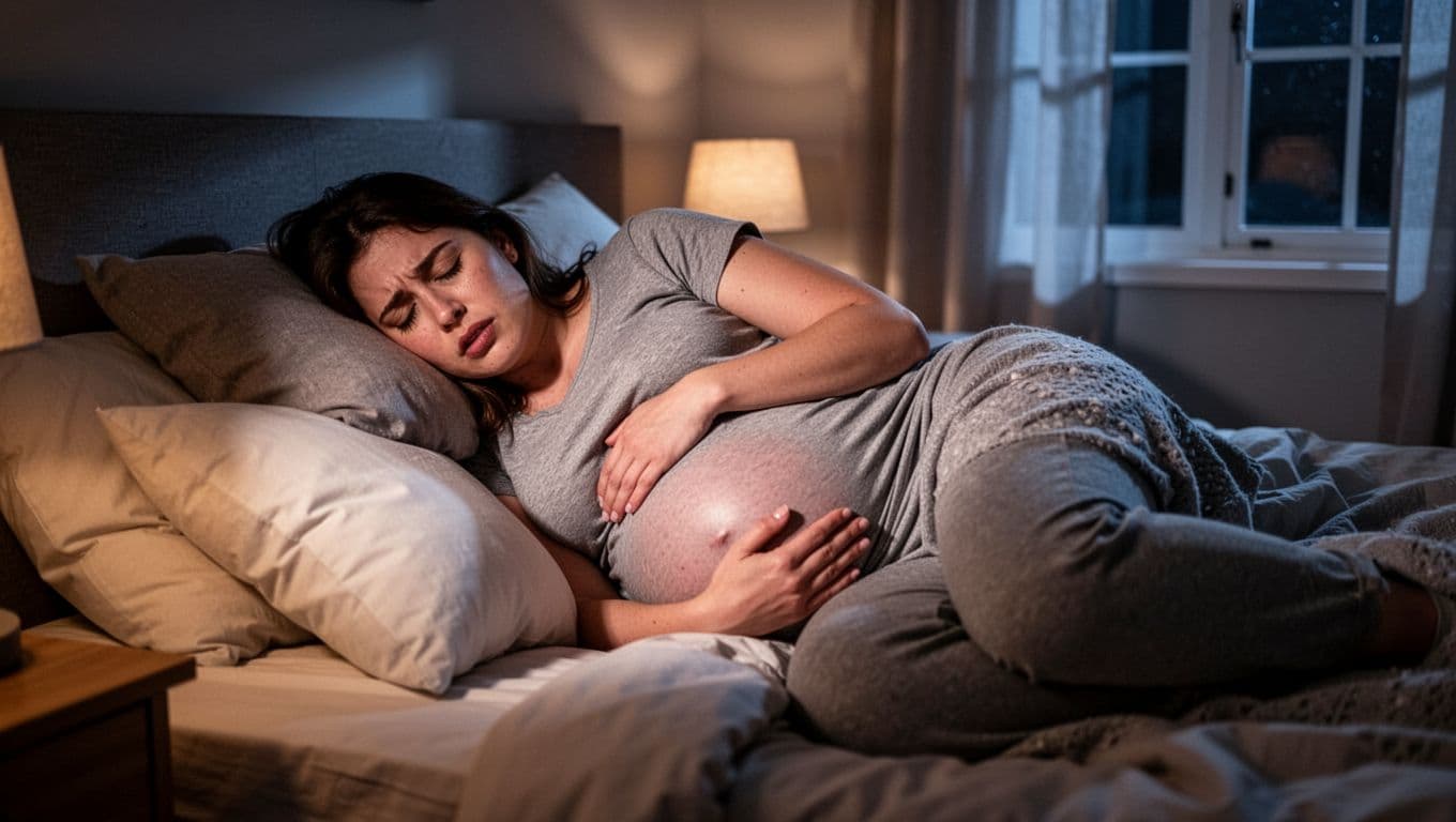 Pregnant woman in third trimester lies awake uncomfortably on side in dimly lit bedroom, hand on belly.