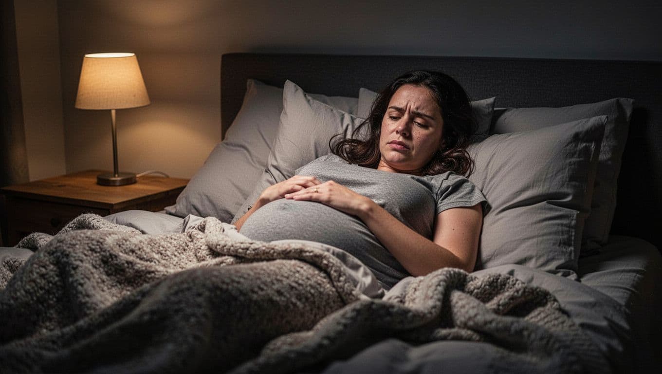 A pregnant woman lies in a dimly lit bedroom, surrounded by several plush pillows. Her facial expression reflects exhaustion as she tosses and turns, searching for a restful sleeping position.