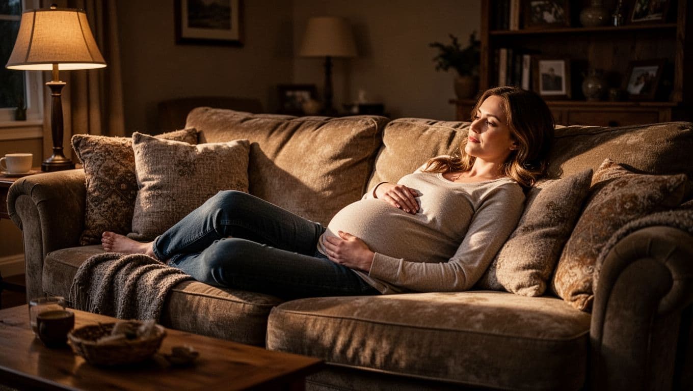 A pregnant woman leans back on a plush sofa in a dimly lit living room. Warm golden light highlights her silhouette against the deep shadows of a quiet evening at home.