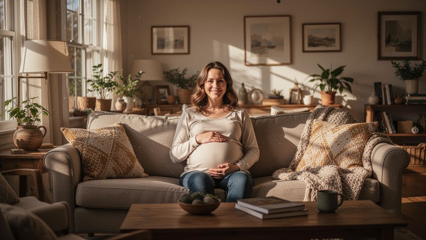A radiant woman in her second trimester reclines on a plush sofa, bathed in warm afternoon sunlight. Her hand rests gently on her stomach as she smiles peacefully within the cozy room.