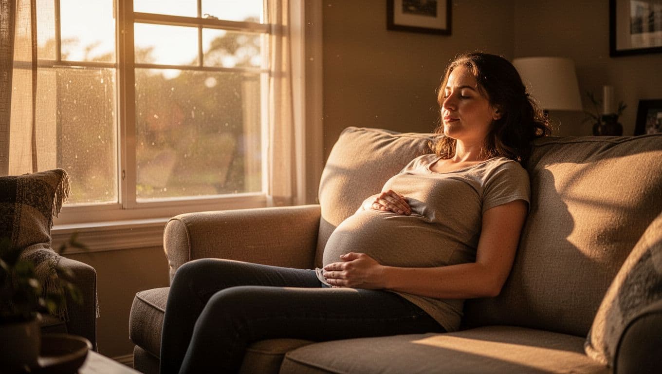 A pregnant woman in a flowing dress relaxes on a plush sofa while warm afternoon sunlight streams through a nearby window. Deep shadows create a peaceful atmosphere in the room.