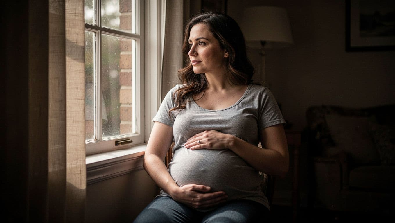 A pregnant woman sits alone in a dark room near a glowing window, her hands resting on her belly as shadows cast deep contrast across her thoughtful and slightly melancholic expression.