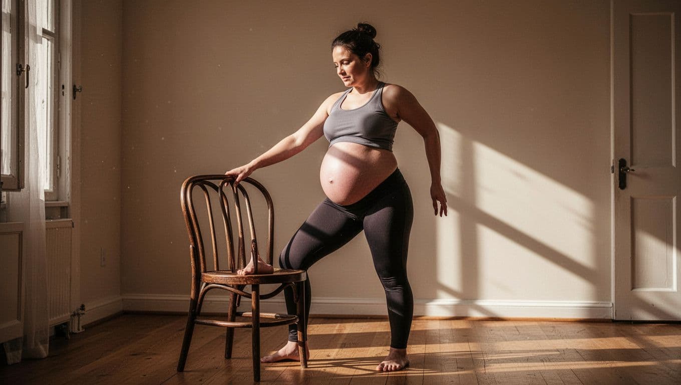 A pregnant woman in her third trimester performs a gentle stretch while holding a sturdy wooden chair for balance. Warm light fills the room, casting soft shadows across the wooden floor.