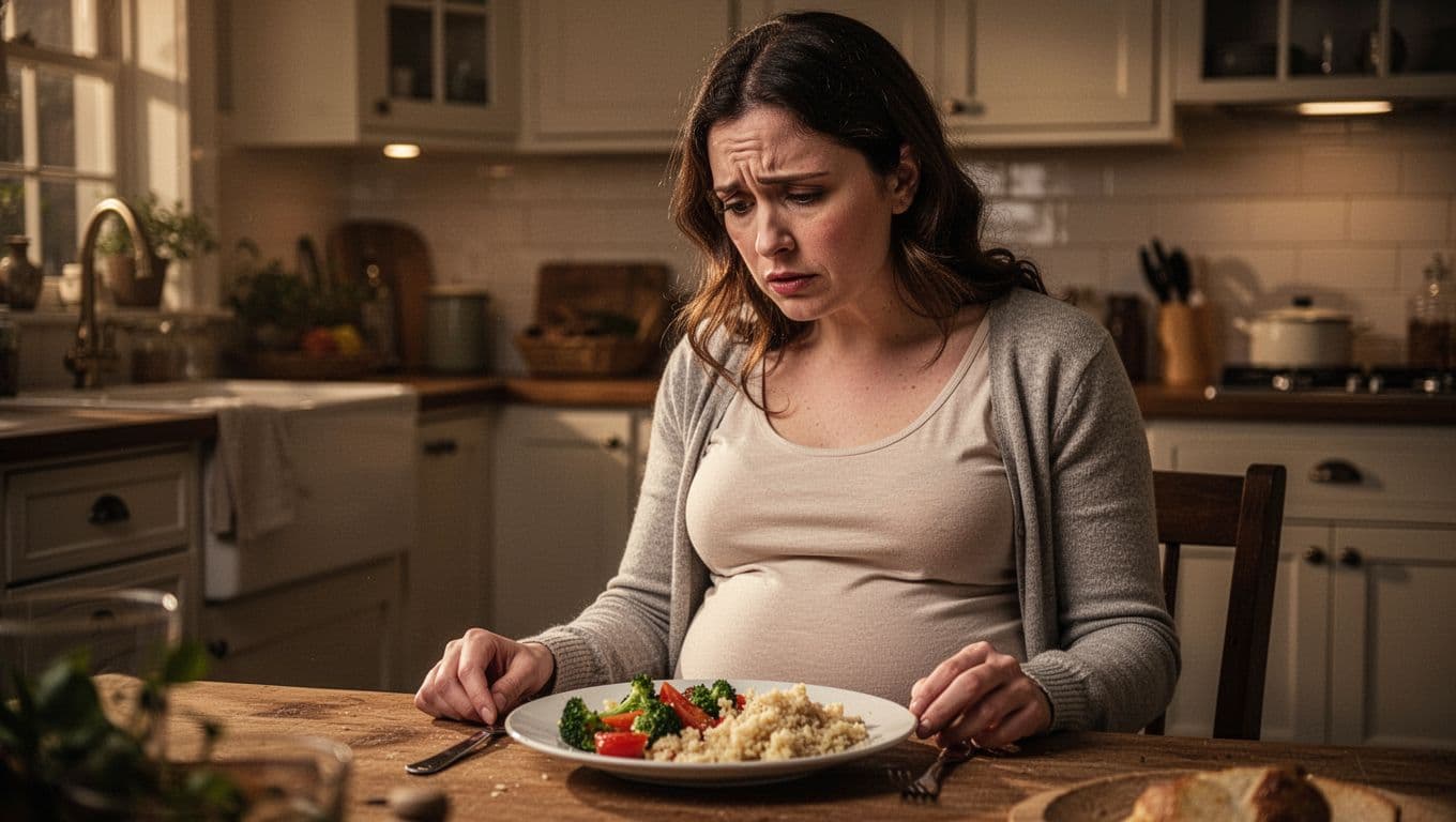 A pregnant woman sits at a wooden kitchen table, staring down at a prepared plate of food with a hesitant expression. Warm, directional lighting illuminates the texture of her meal.