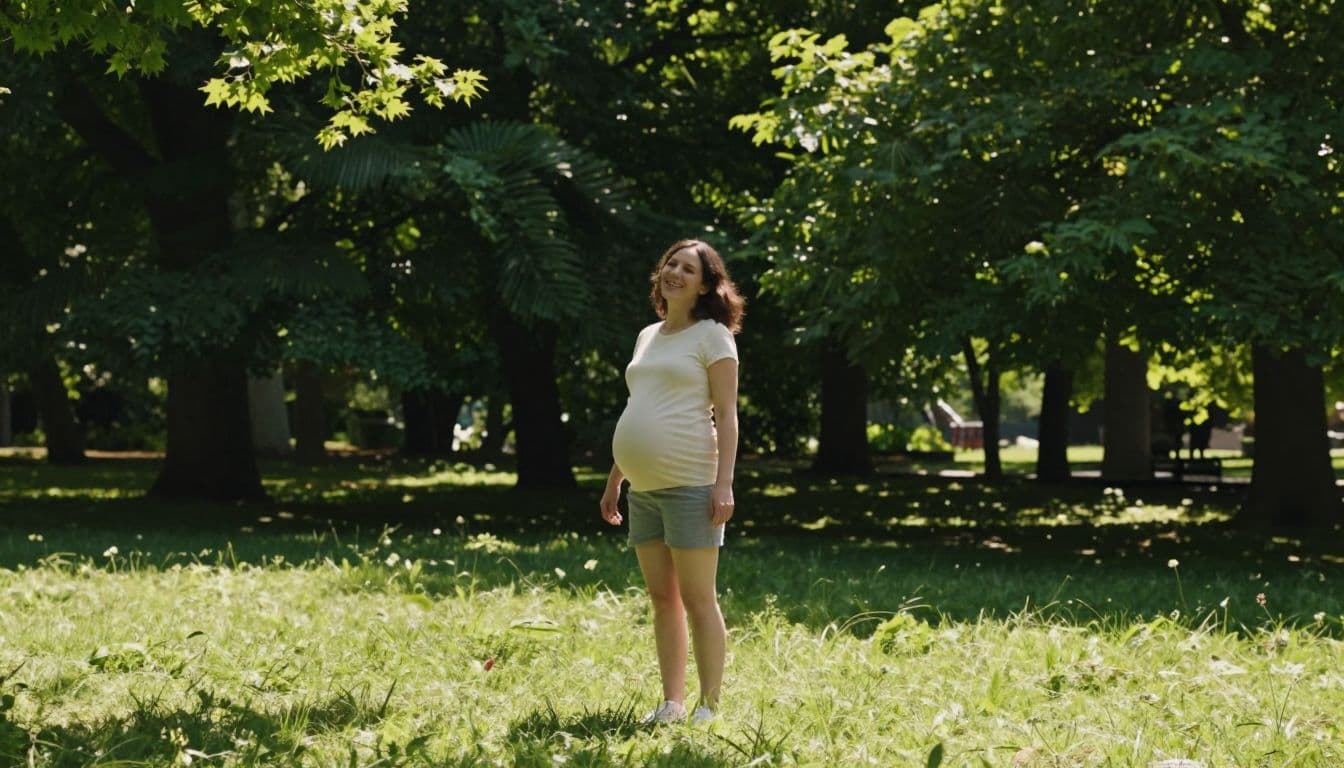 A smiling expectant mother stands amidst the vibrant greenery of a sunlit park during her second trimester. The warm, natural light highlights her relaxed expression and the gentle curve of her belly.