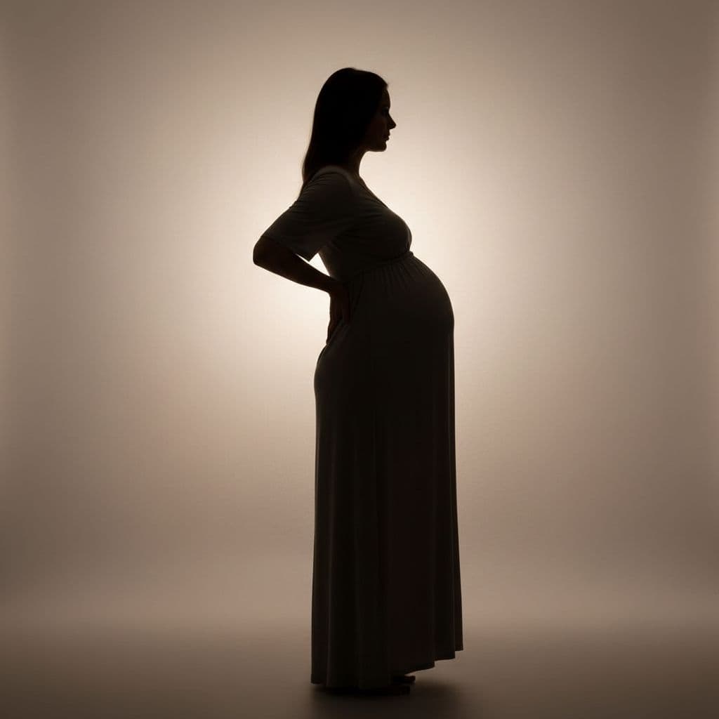 Side-view silhouette of pregnant woman standing with swayback posture on neutral background.