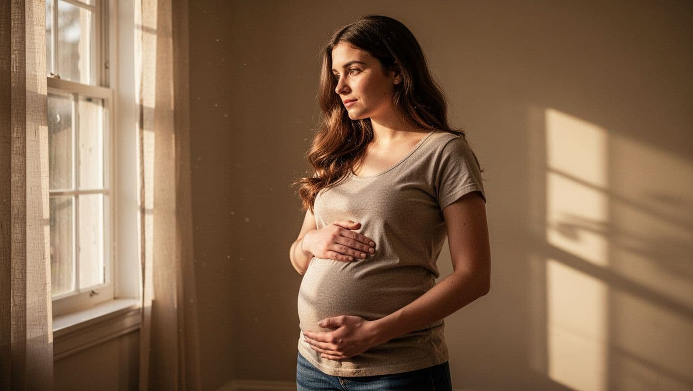 A woman stands in a softly lit room with a thoughtful expression while resting her hand on her abdomen. Warm sunlight streams through nearby windows, highlighting her silhouette and peaceful posture.