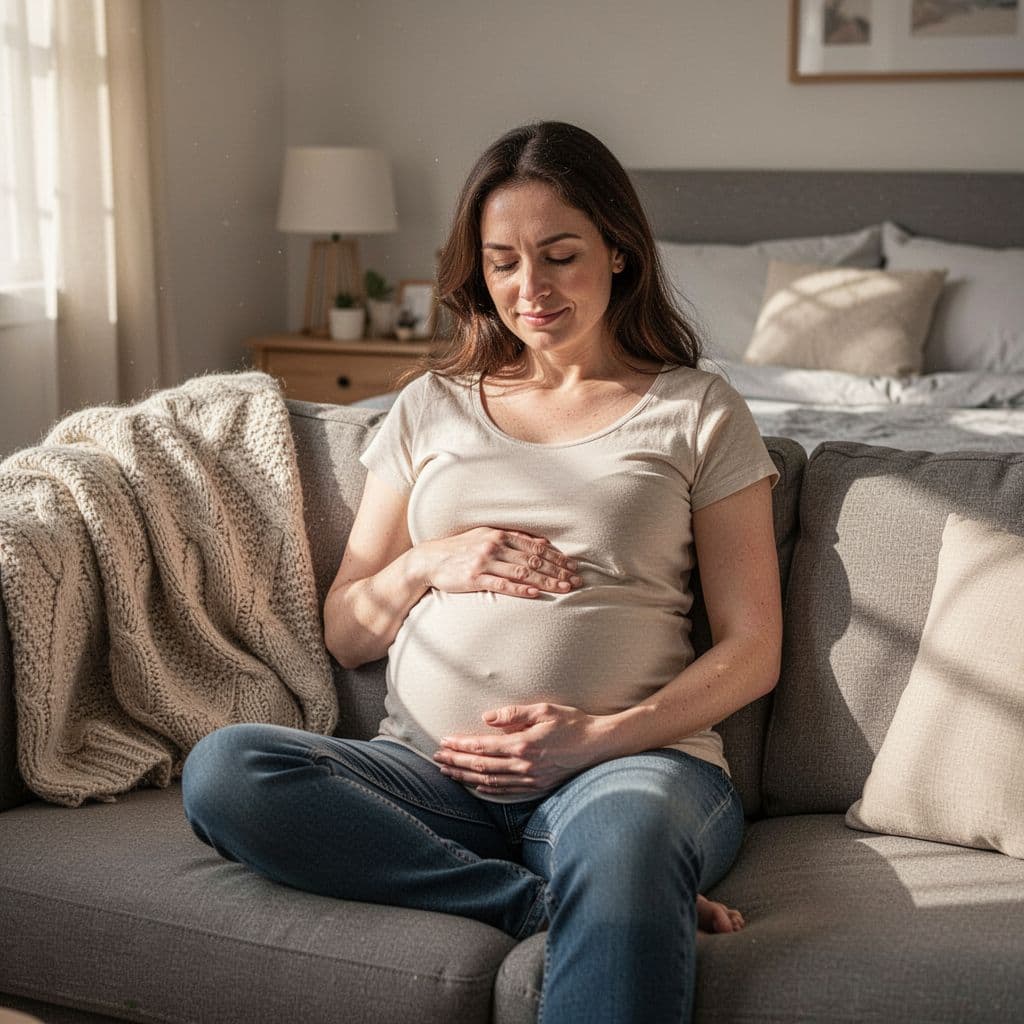 Pregnant woman sits on couch gently touching belly with both hands in cozy bedroom morning light.