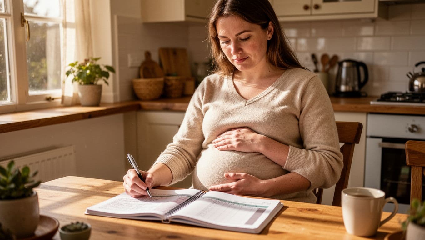 Pregnant woman in third trimester sits at kitchen table with open notebook and pen, hand on round belly, relaxed expression in warm sunlit home.