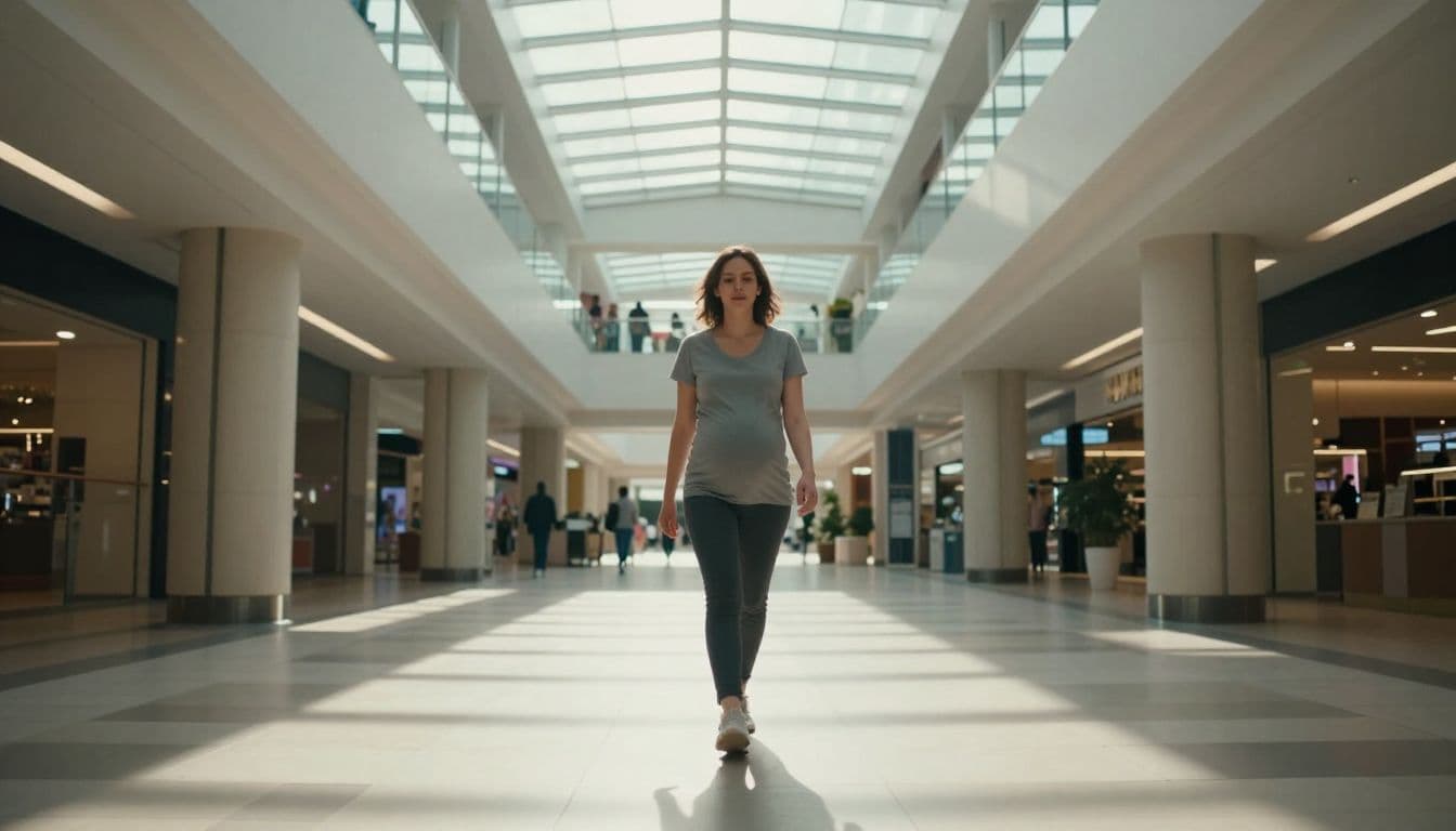 A pregnant woman in her third trimester strolls through a bright, spacious indoor shopping center. Soft natural light spills from a high skylight above, casting dramatic shadows across the polished floor.