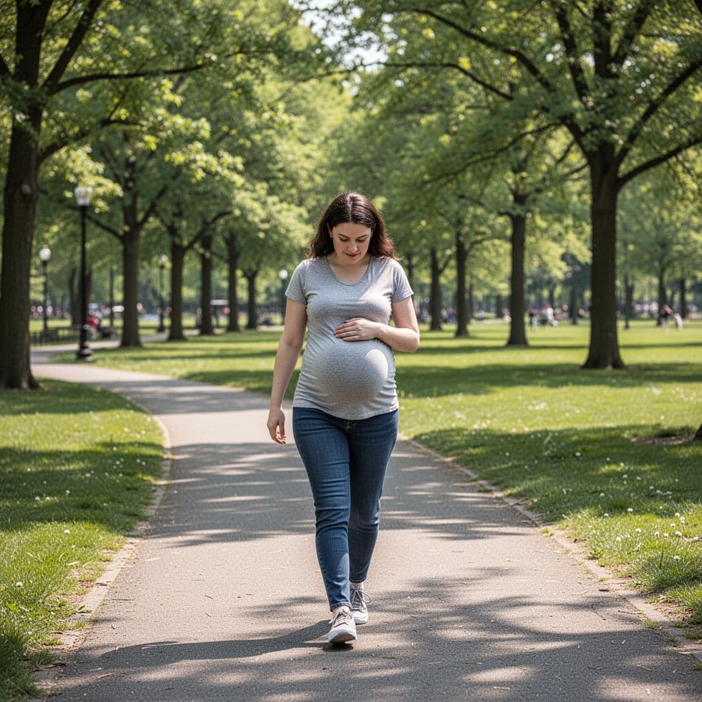 A pregnant woman walks slowly along a sunny paved path in a lush green park.