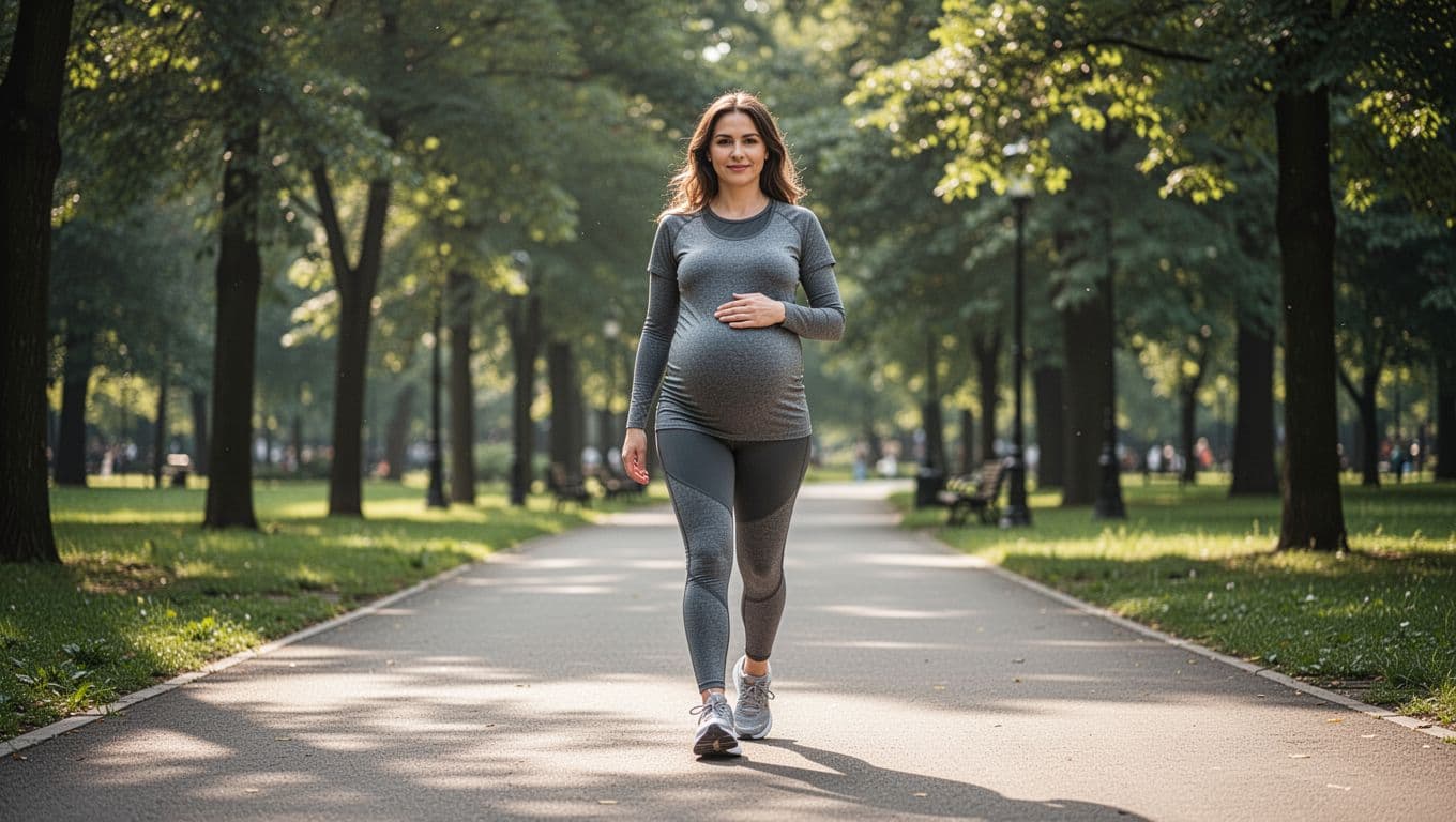 A pregnant woman walks confidently along a flat paved park path wearing athletic sneakers and layered activewear. Sunlight filters through overhead trees, illuminating the path and her comfortable maternity sportswear.