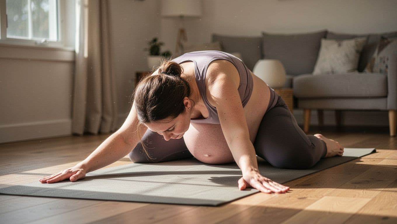 Pregnant woman in second trimester on yoga mat at home in Wide Child's Pose, knees wide, arms extended, forehead on mat.