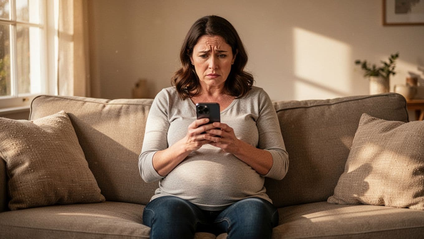 Pregnant woman in her 30s sits alone on cozy couch, scrolling smartphone with worried expression in soft light.