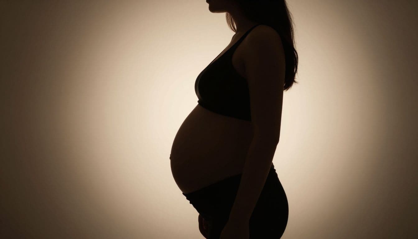 A dark silhouette of a pregnant woman stands against a glowing golden backdrop. Her rounded profile is highlighted by soft warm light, emphasizing the firm curve of her abdomen during pregnancy.