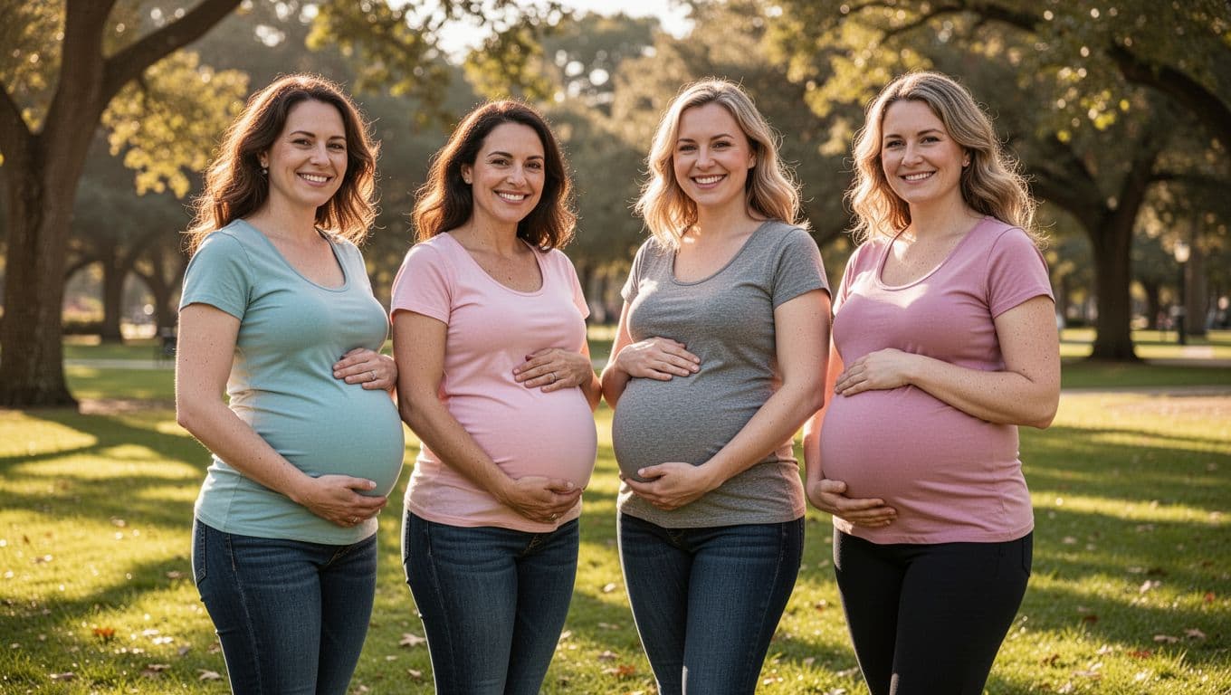 Four pregnant women of varied builds stand smiling in a sunny park, hands on bellies with two small and two large bumps.