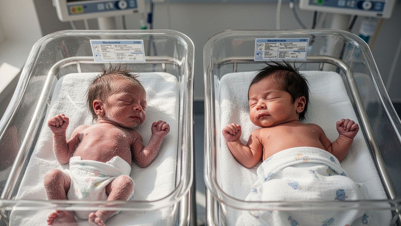 Side-by-side hospital bassinets hold premature newborn with lanugo fuzz and sparse scalp hair left, full-term newborn with thicker scalp hair right.