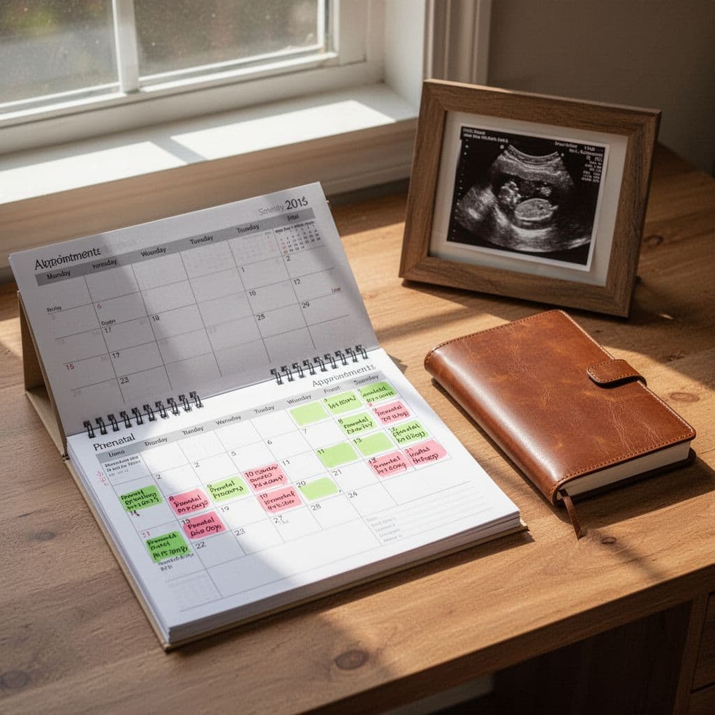 Desk calendar with marked prenatal dates next to pregnancy journal and ultrasound photo in home office.