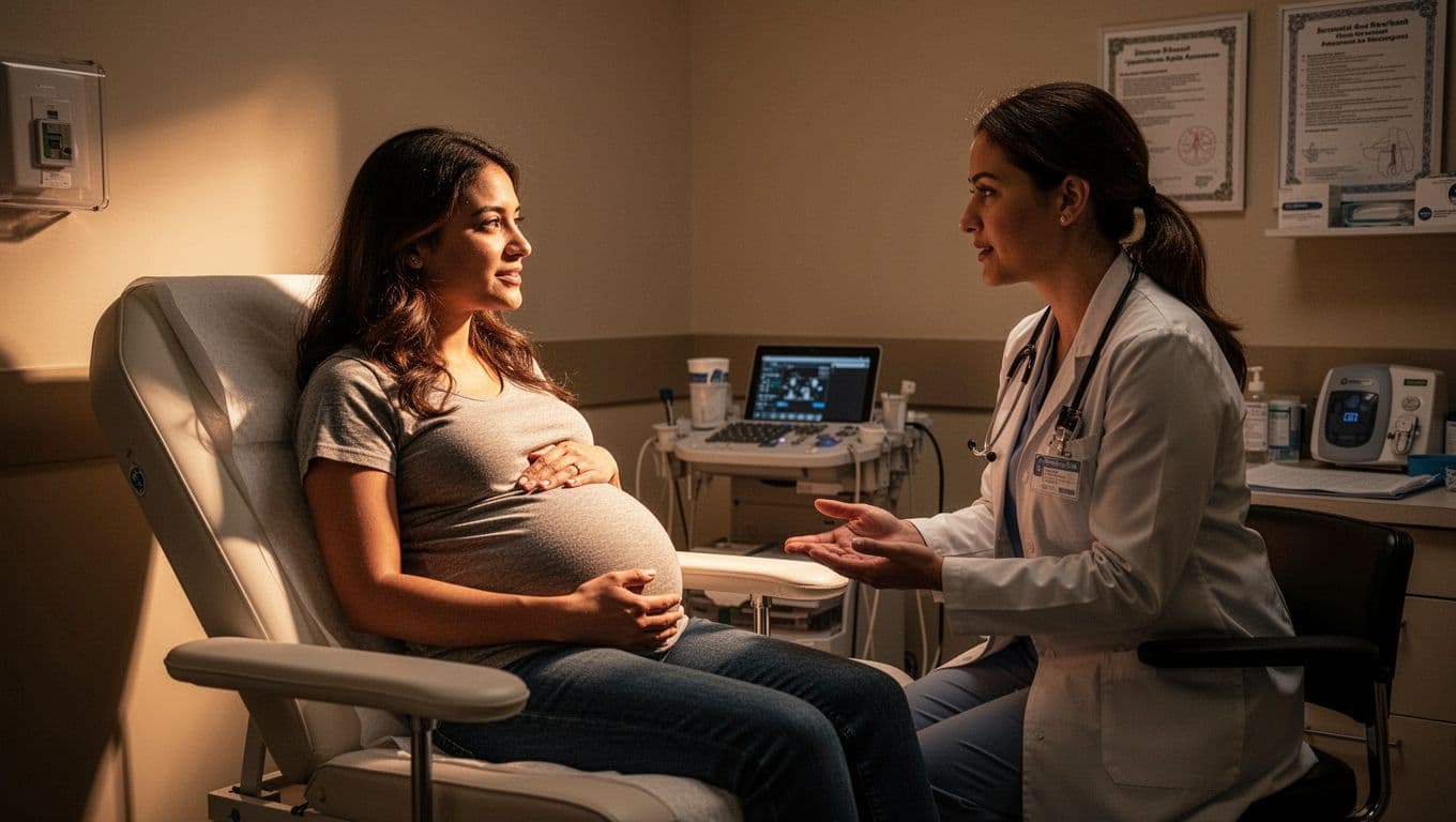 A pregnant woman sits in a modern medical chair for a routine prenatal checkup. Warm, dramatic lighting highlights the clinical office space, creating a calm atmosphere for this health evaluation.