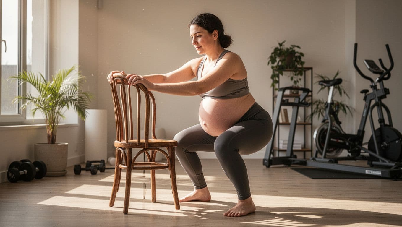 A pregnant person in their third trimester performs a gentle squat using a sturdy chair for balance. Warm light highlights the minimalist home gym setting, emphasizing strength and physical preparation.