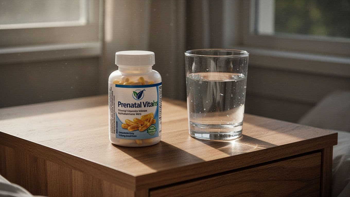 A plain white bottle of prenatal vitamins rests on a smooth wooden nightstand beside a clear glass of water. Soft morning sunlight highlights the simple, minimalist setup against a dark wall.
